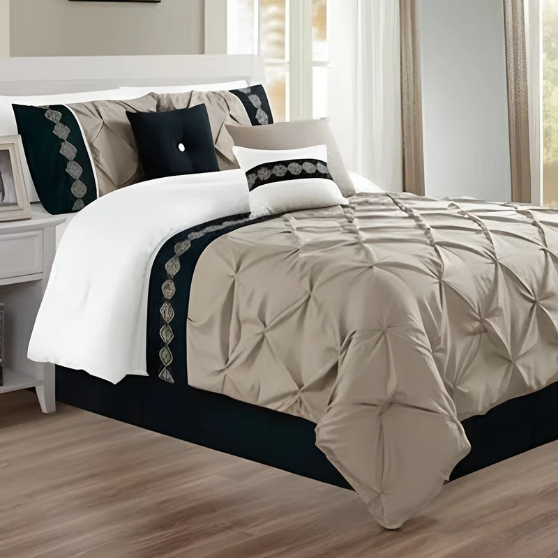 Embroidered Pintuck Duvet Set - Beige