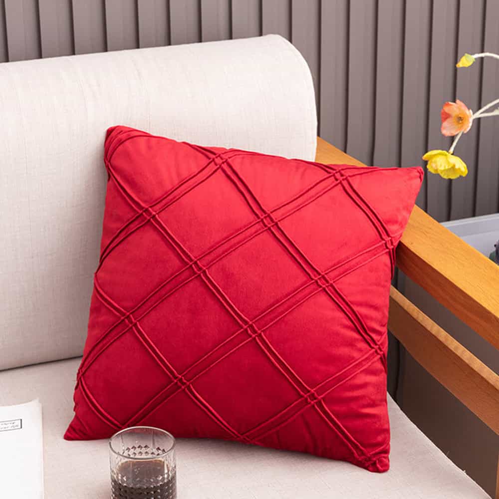 Pack of 2 Velvet Decorative Double Cross Pleated Cushion - Red