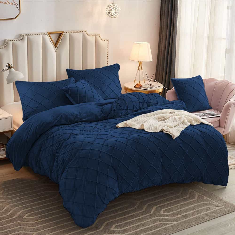 Velvet Cross Pleated Duvet Set - Blue