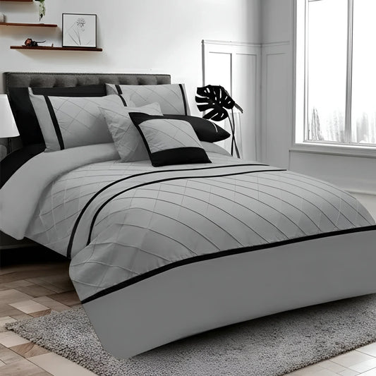Cross Pleated Duvet Set - Black & Grey