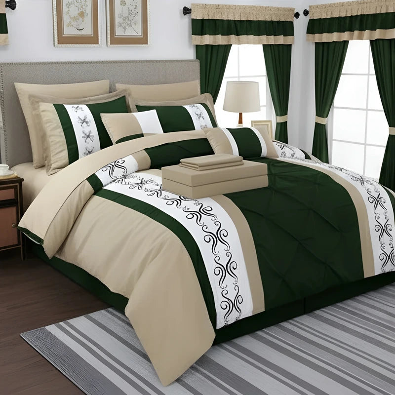 Embroidered Duvet Set - Beige & Green