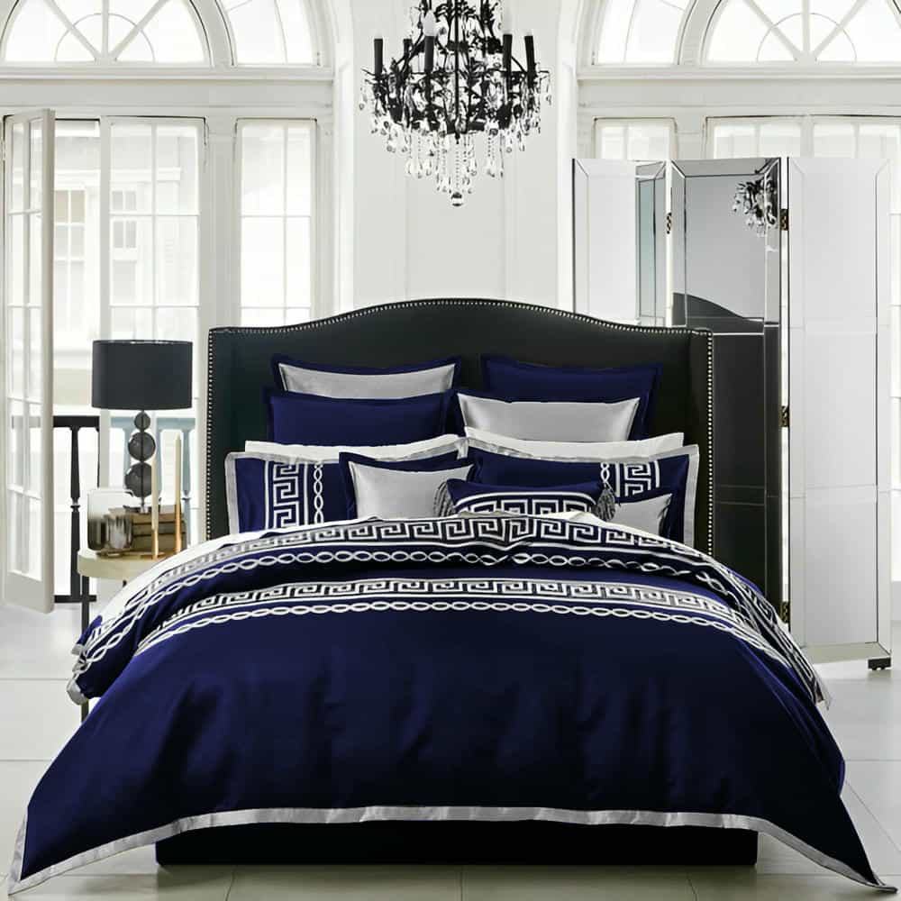 Premium Silk Duvet Set - Navy Blue & White
