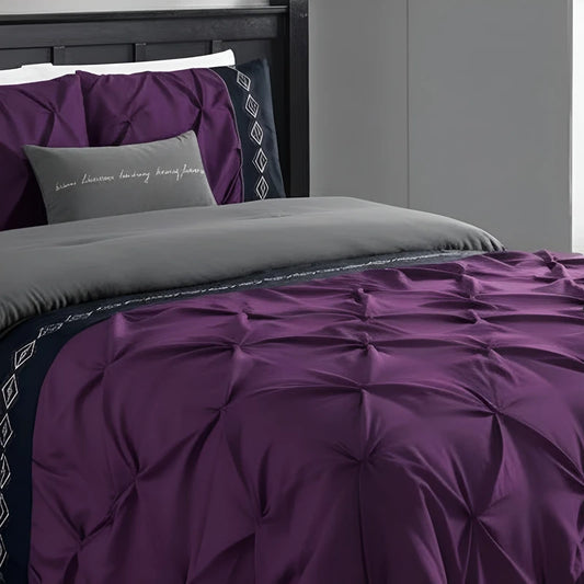 Embroidered Pintuck Duvet Set -Purple