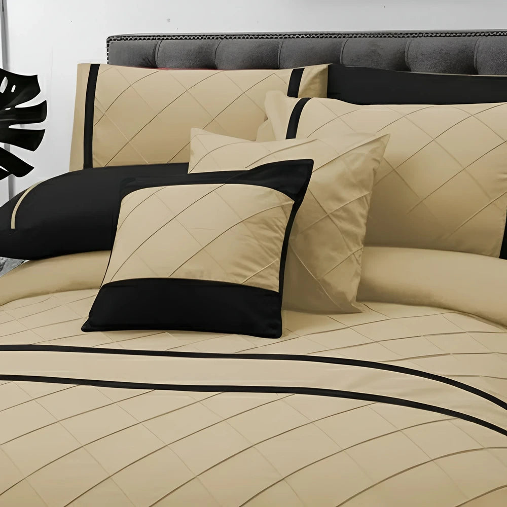 Cross Pleated Duvet Set - Black & Yellow