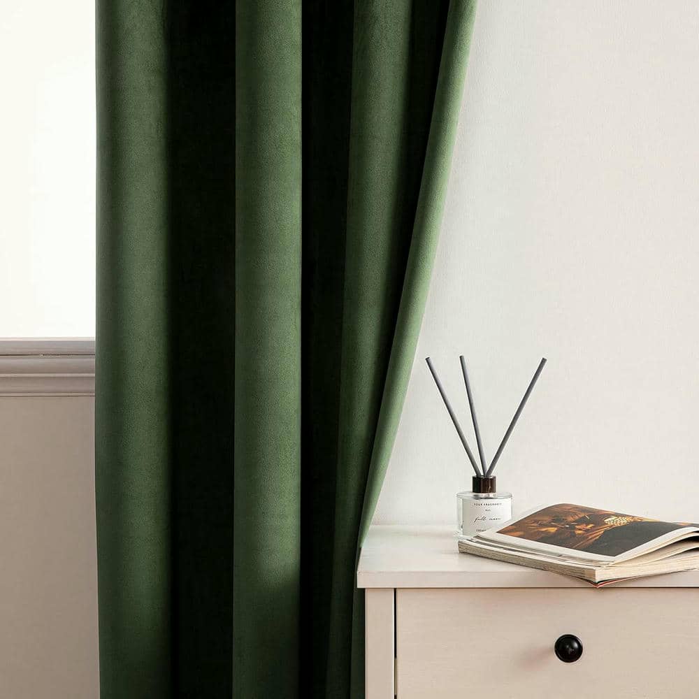 2 Pieces Plain Dyed Velvet Eyelet Curtains - Olive Green
