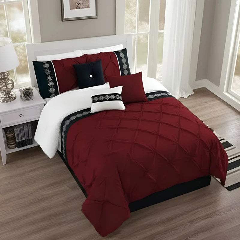Embroidered Pintuck Duvet Set - Maroon