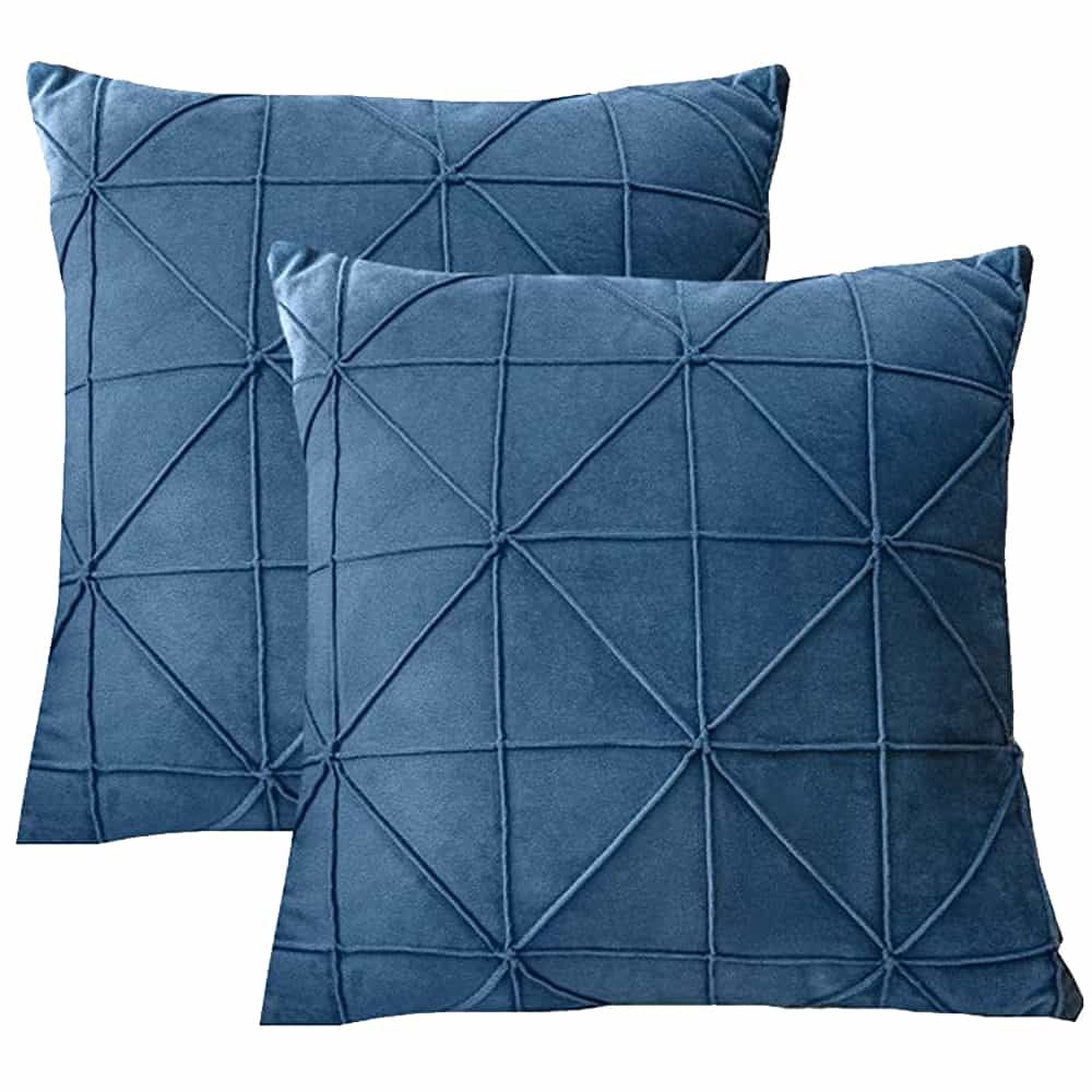 Pack of 2 Velvet Decorative Cross Pleated Square Cushion - Blue