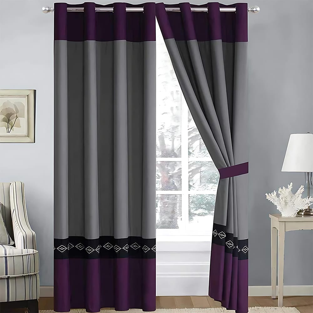 2 Pieces Elegant Embroidered Curtains - Grey & Purple