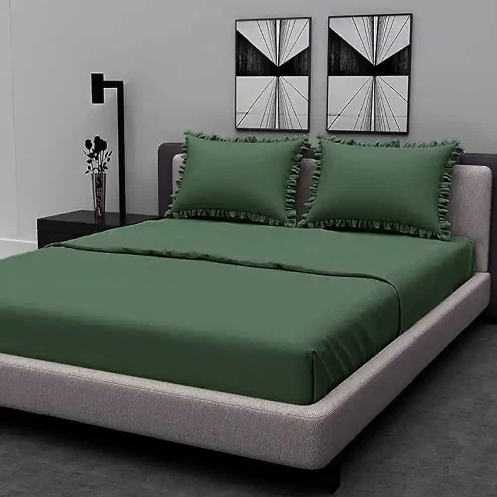 Rich Cotton Fitted Sheet with Ruffle Pillow covers - Green