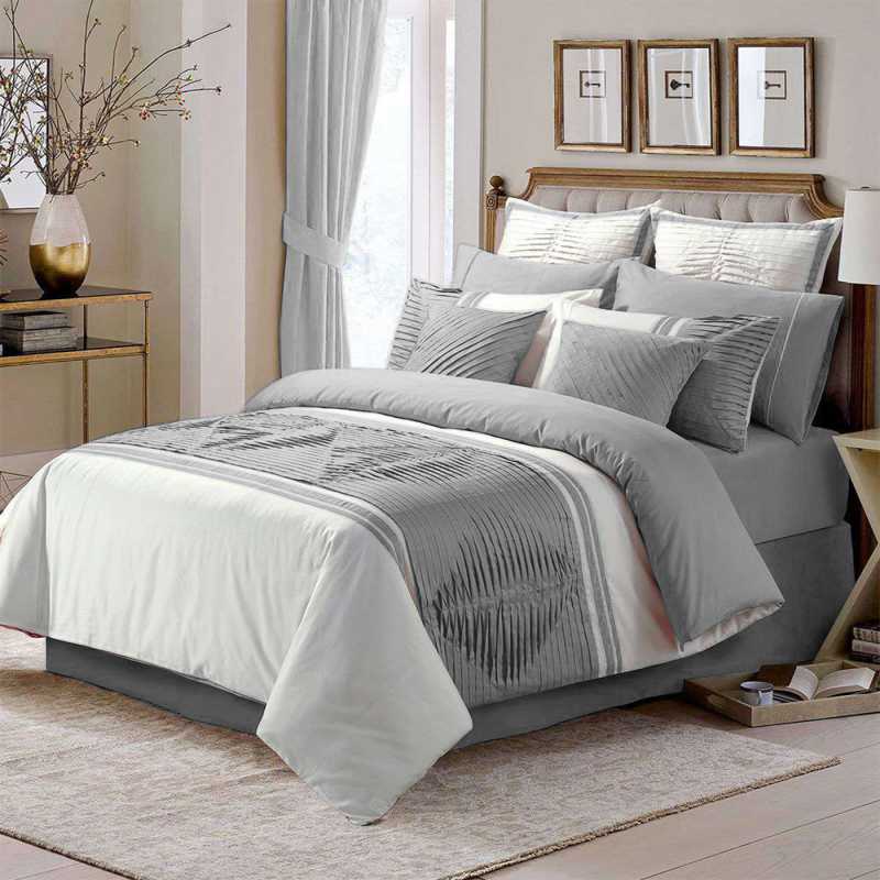 Embellish Pleated Duvet Set - Grey & White