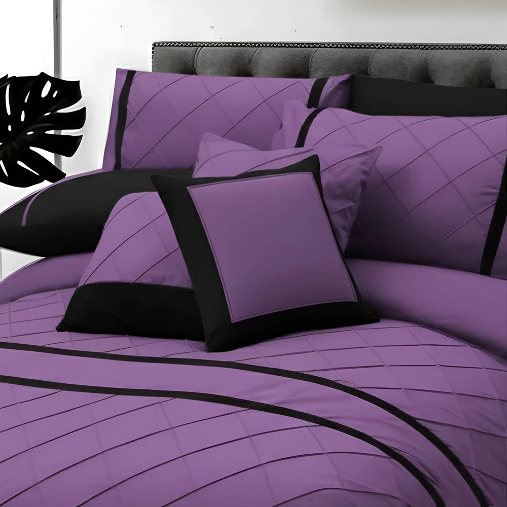 Cross Pleated Duvet Set - Black & Purple