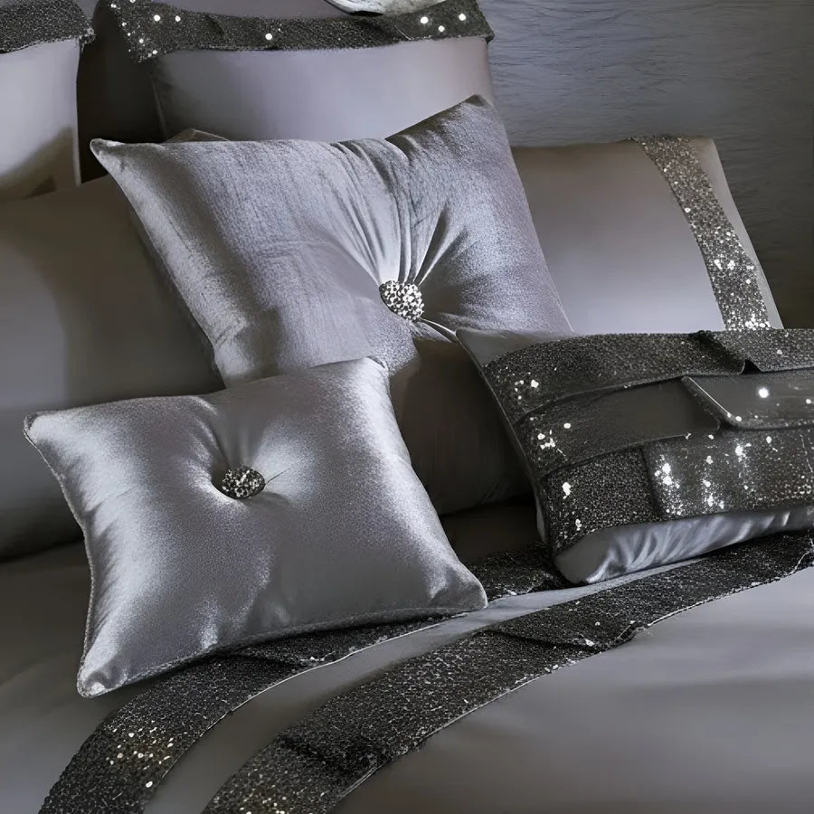 Elegant Look Grey Bridal Quilt Set - 12 Pieces Set with Free Quilt Filling