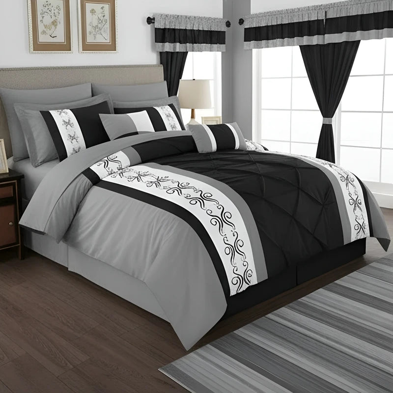Embroidered Duvet Set - Grey & Black