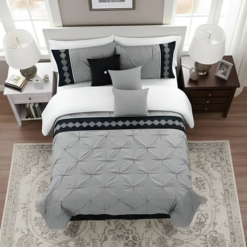 Embroidered Pintuck Duvet Set - Light Grey