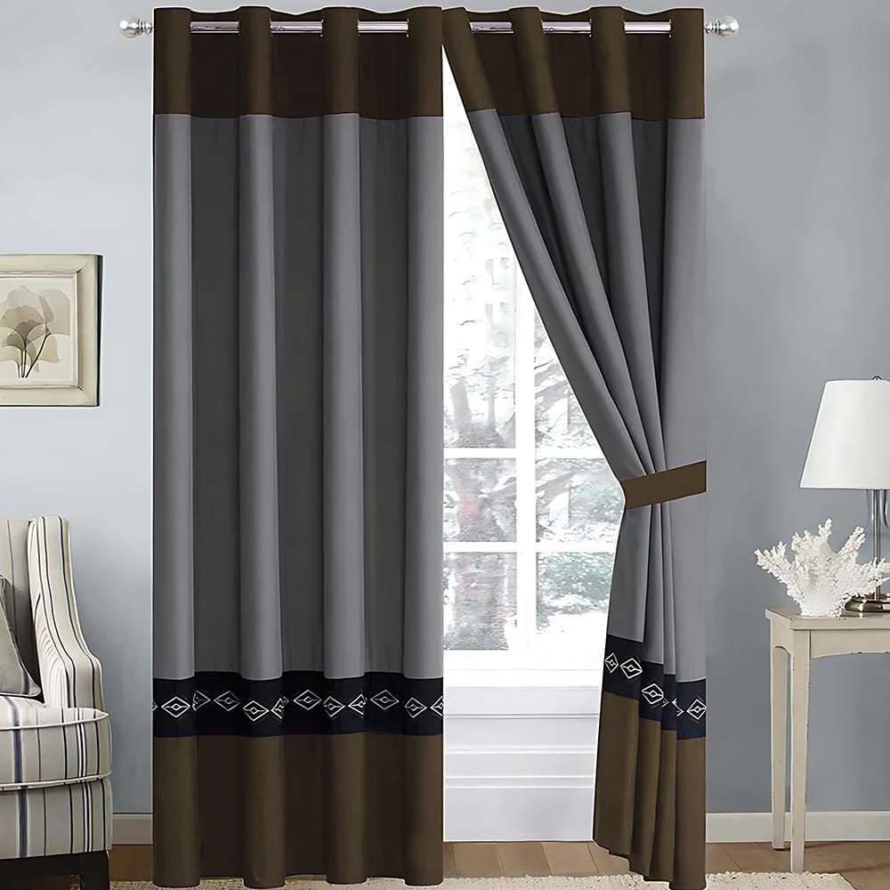 2 Pieces Elegant Embroidered Curtains - Grey & Brown