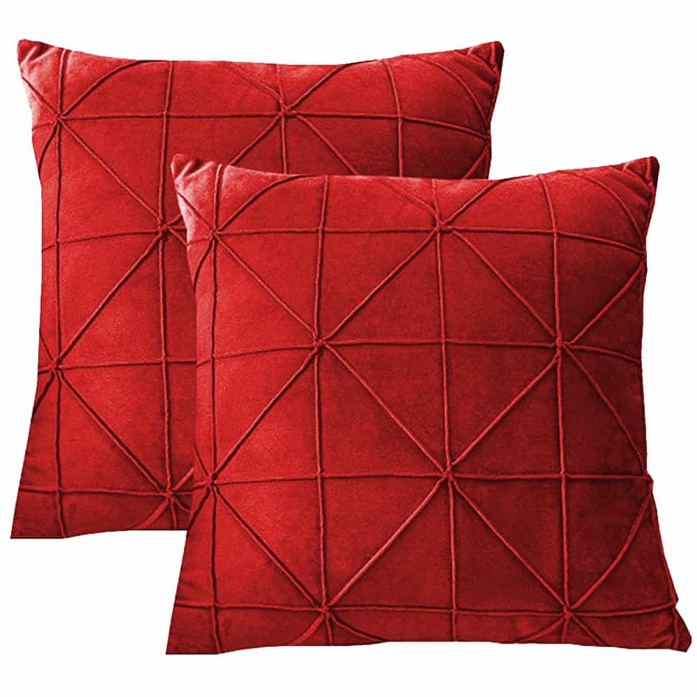 Pack of 2 Velvet Decorative Cross Pleated Square Cushion - Red