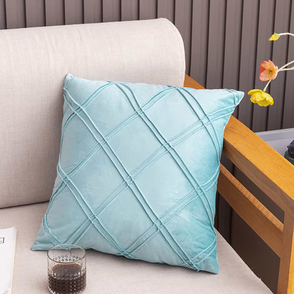 Pack of 2 Velvet Decorative Double Cross Pleated Cushion- Sky Blue