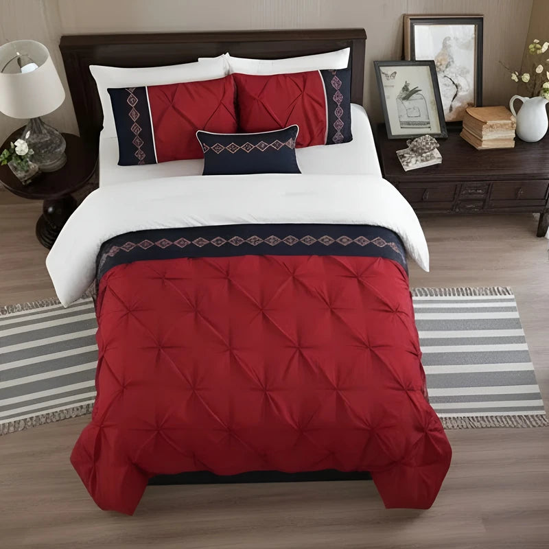 Embroidered Pintuck Duvet Set - Red
