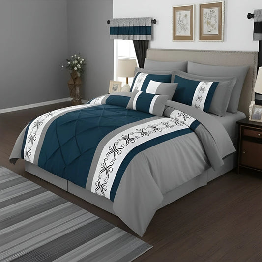 Embroidered Duvet Set - Grey & Royal Blue