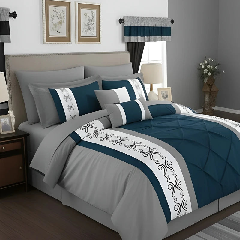 Embroidered Duvet Set - Grey & Royal Blue