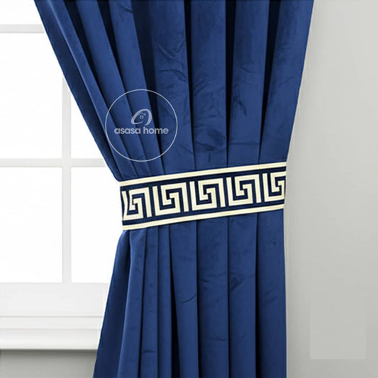 2 Pieces Premium splendid velvet curtain Panels & 2 Belts (Blue & White)