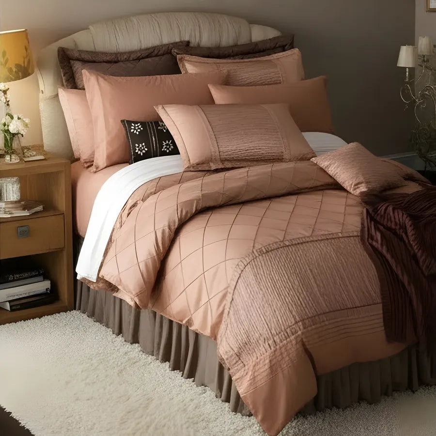 Embellish Pleated Bridal Quilt Set Peach - 12 Pieces Set with Free Quilt Filling