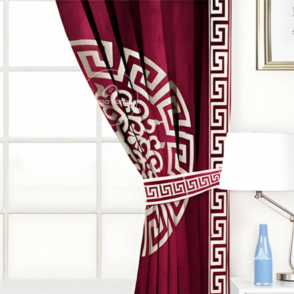 2 Pieces Premium splendid velvet curtain Panels & 2 Belts (Maroon & White)