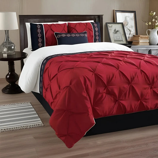 Embroidered Pintuck Duvet Set - Red