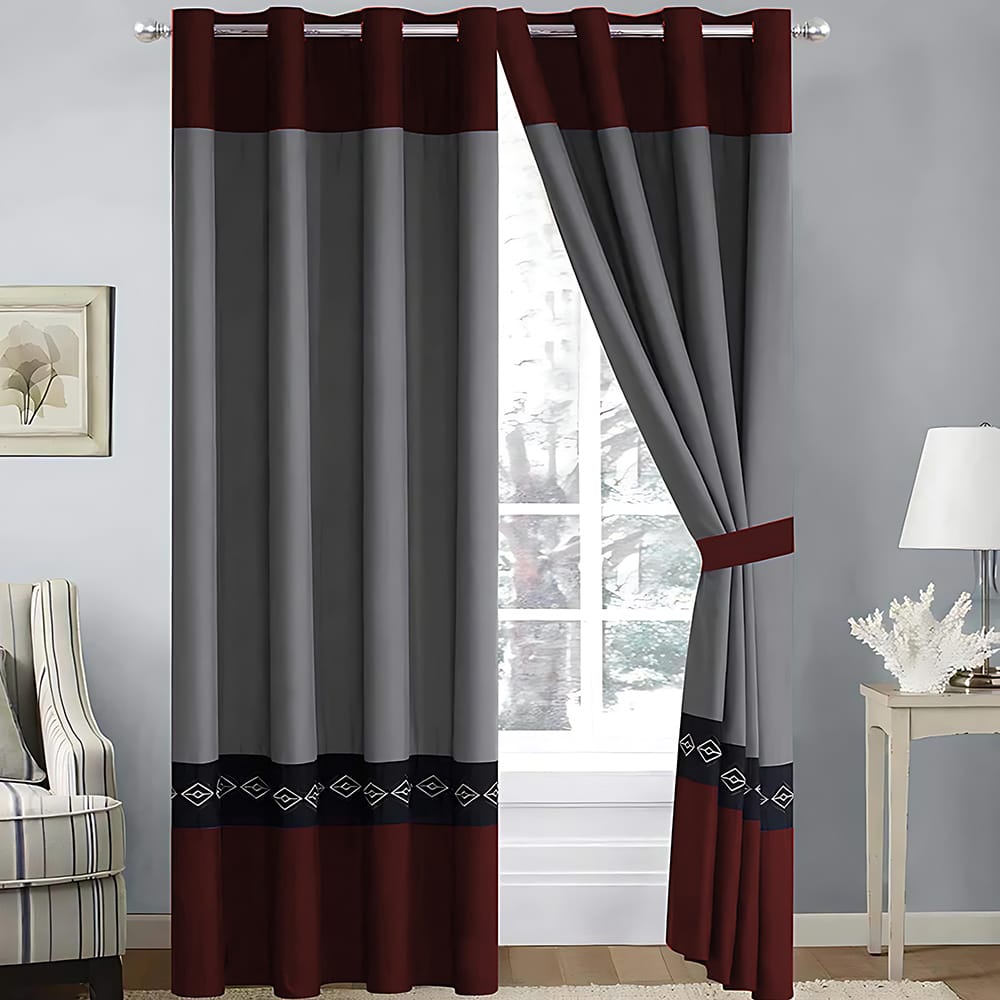2 Pieces Elegant Embroidered Curtains - Grey & Red