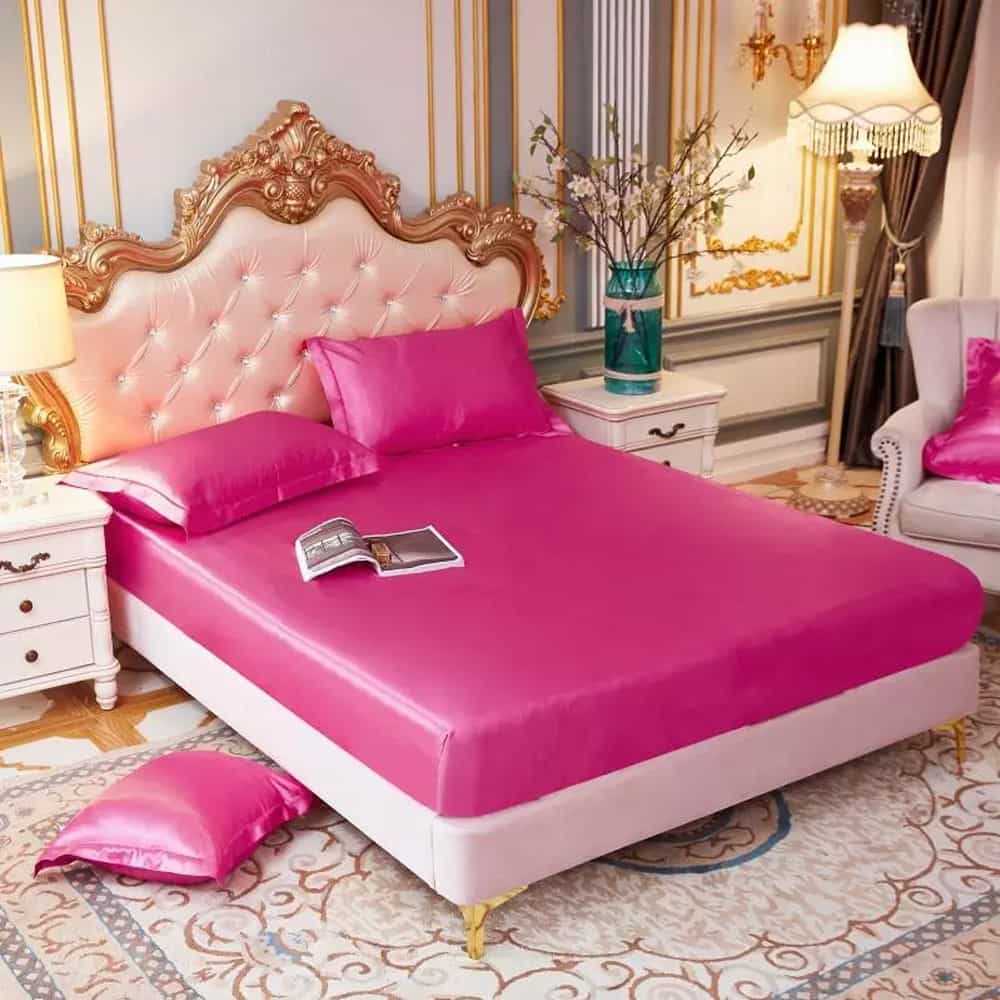 Silk Fitted Sheet with Pillow covers - Shocking Pink