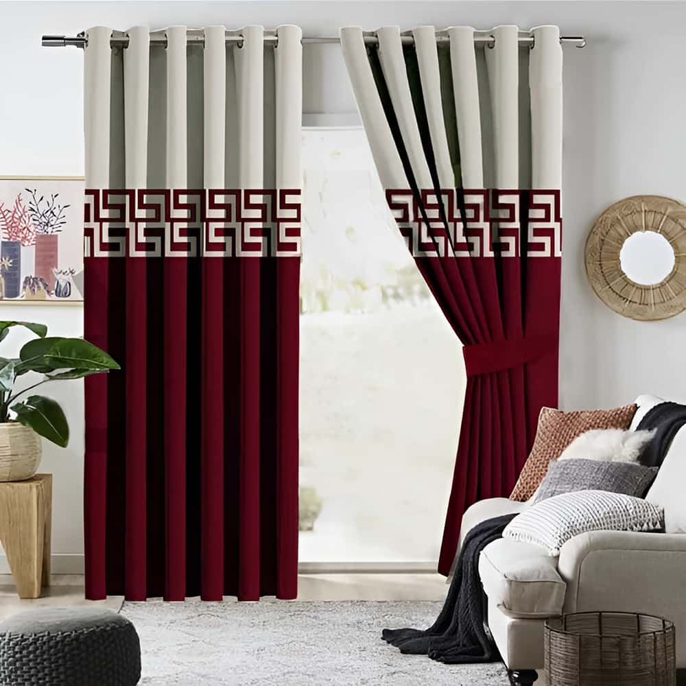 2 Tone Luxury Curtain - Off White/Maroon