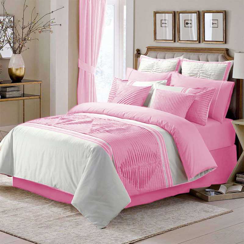 Embellish Pleated Duvet Set - Pink & White