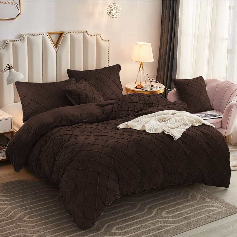 Velvet Cross Pleated Duvet Set - Chocolate