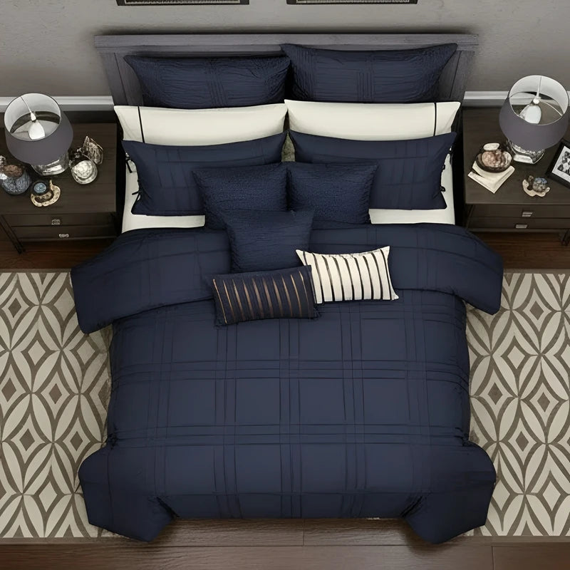 Embellish Pleated Duvet Set - Navy Blue