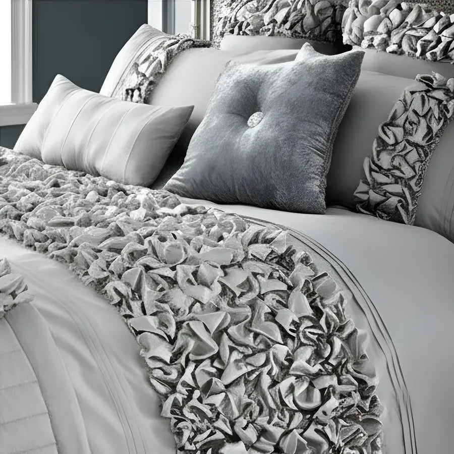 Elegant Bridal Quilt Set Light Grey - 12 Pieces with Free Quilt Filling