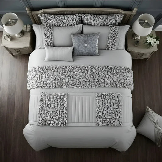 Elegant Bridal Quilt Set Light Grey - 12 Pieces with Free Quilt Filling