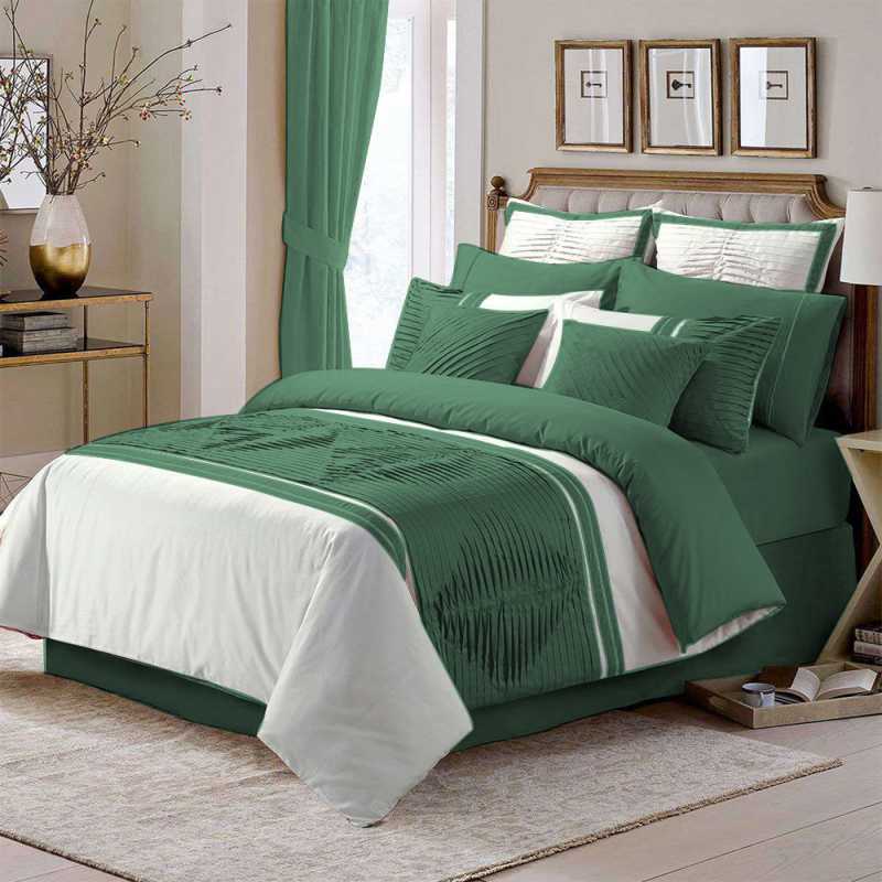 Embellish Pleated Duvet Set - Green & White