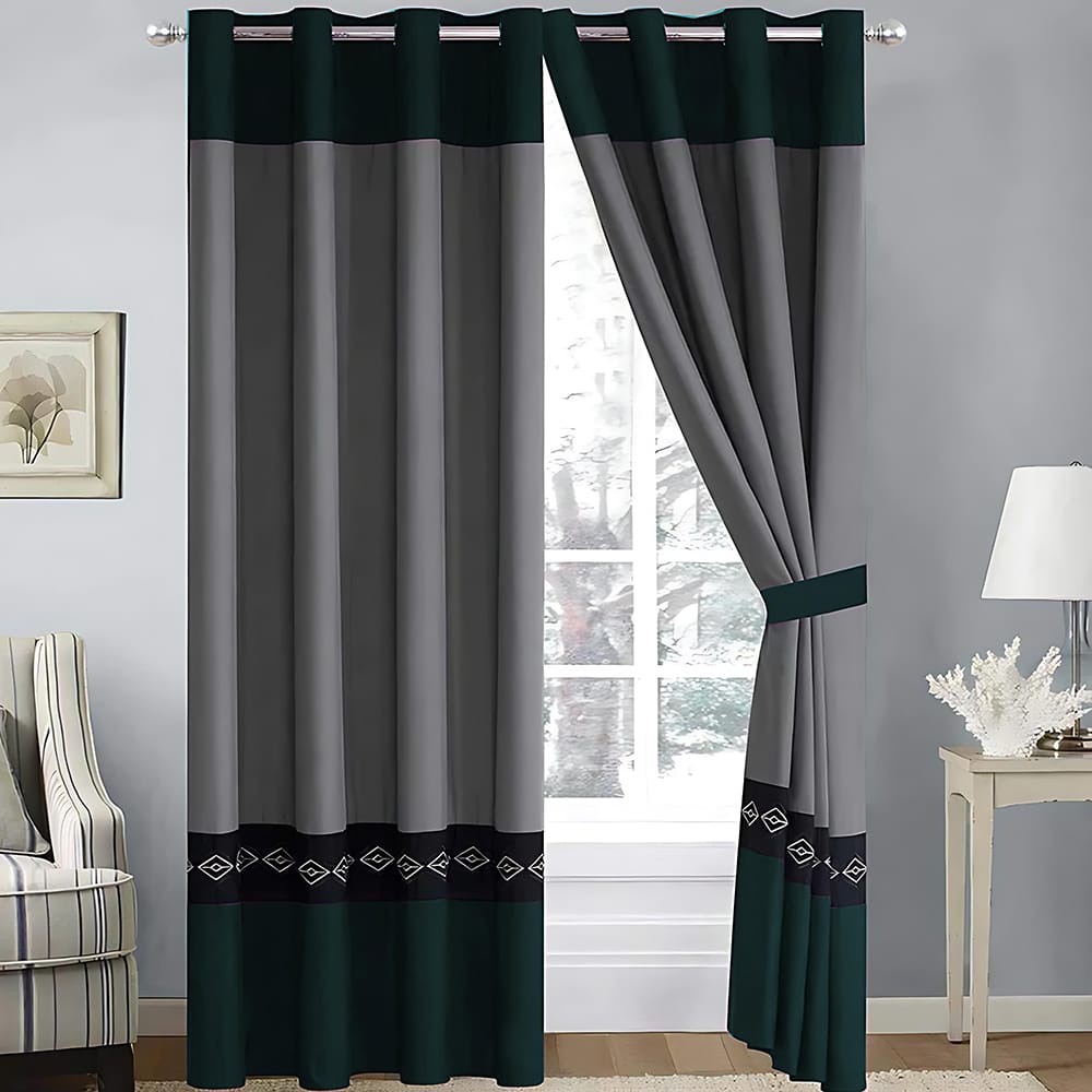 2 Pieces Elegant Embroidered Curtains - Grey & Teal