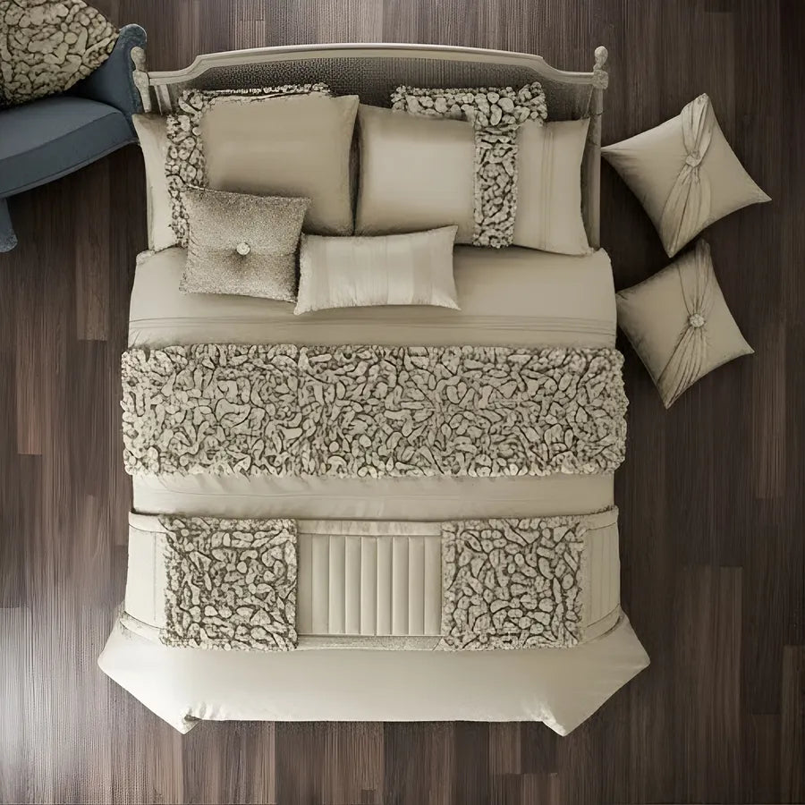 Elegant Bridal Quilt Set Beige - 12 Pieces with Free Quilt Filling