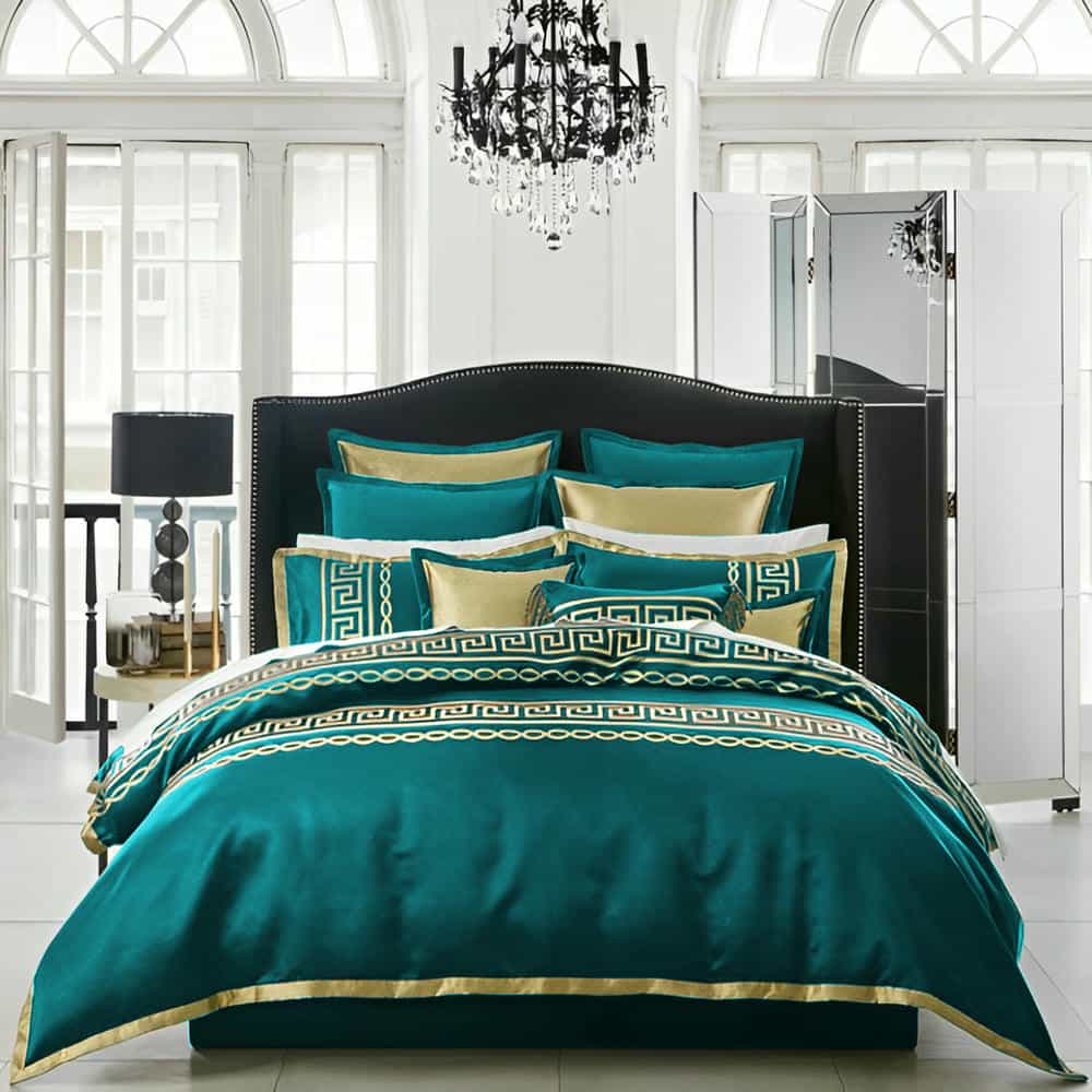Premium Silk Duvet Set - Teal & Golden