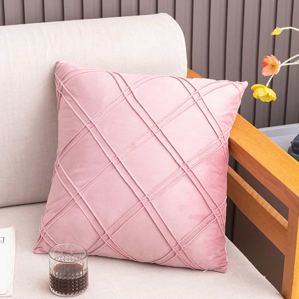 Pack of 2 Velvet Decorative Double Cross Pleated Cushion -Pink