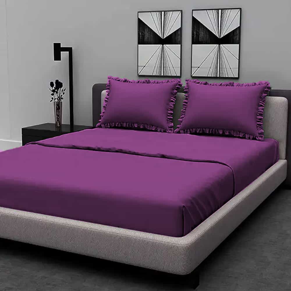 Rich Cotton Fitted Sheet with Ruffle Pillow covers - Purple