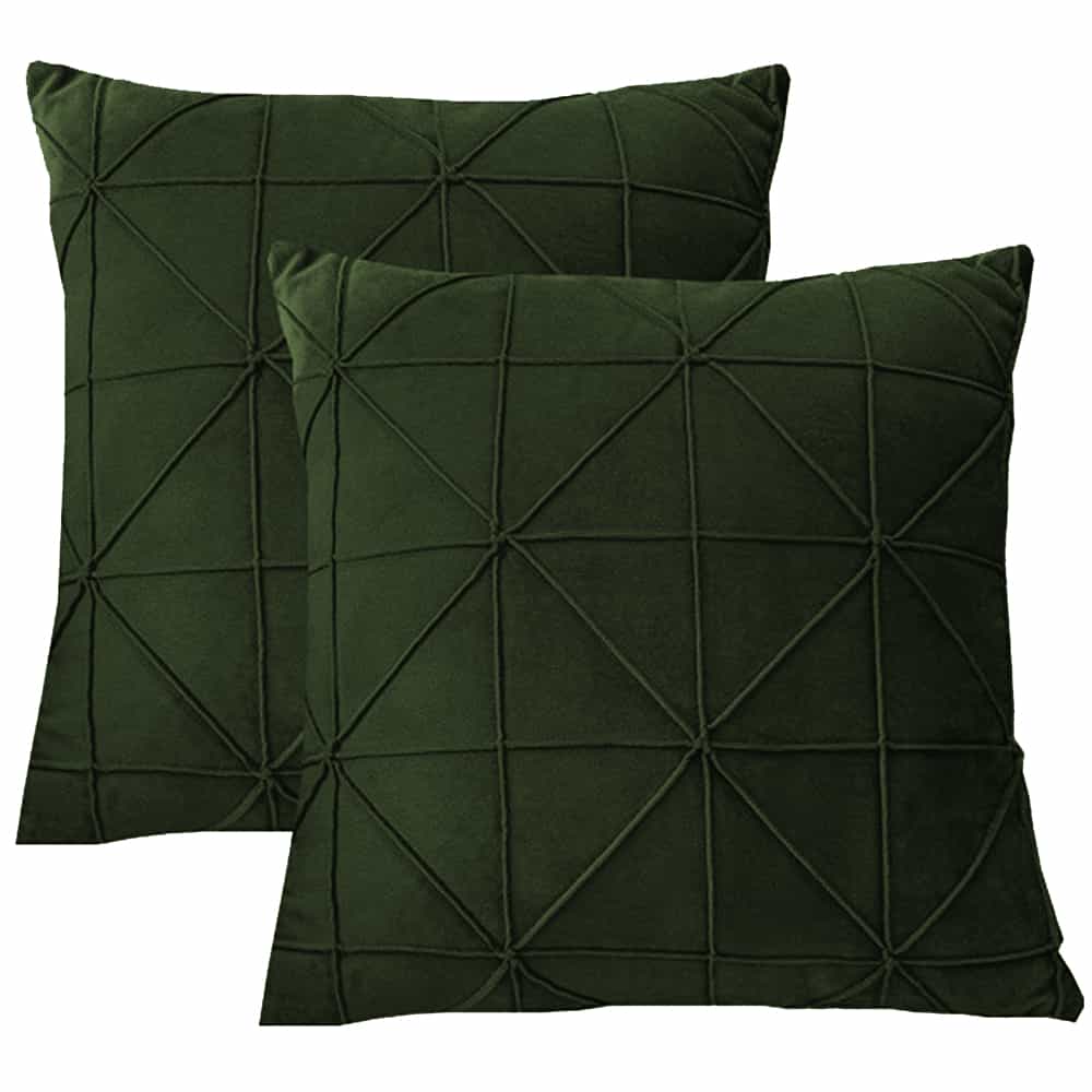 Pack of 2 Velvet Decorative Cross Pleated Square Cushion - Green