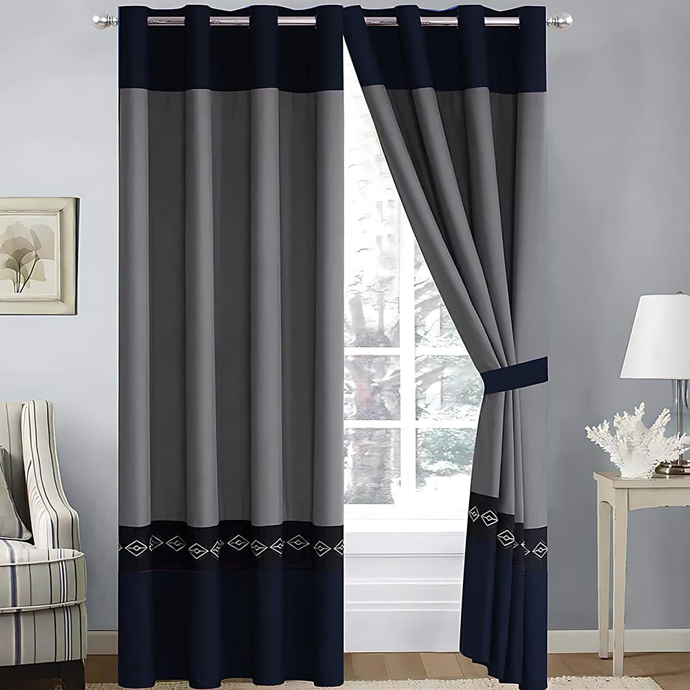 2 Pieces Elegant Embroidered Curtains - Grey & Navy Blue