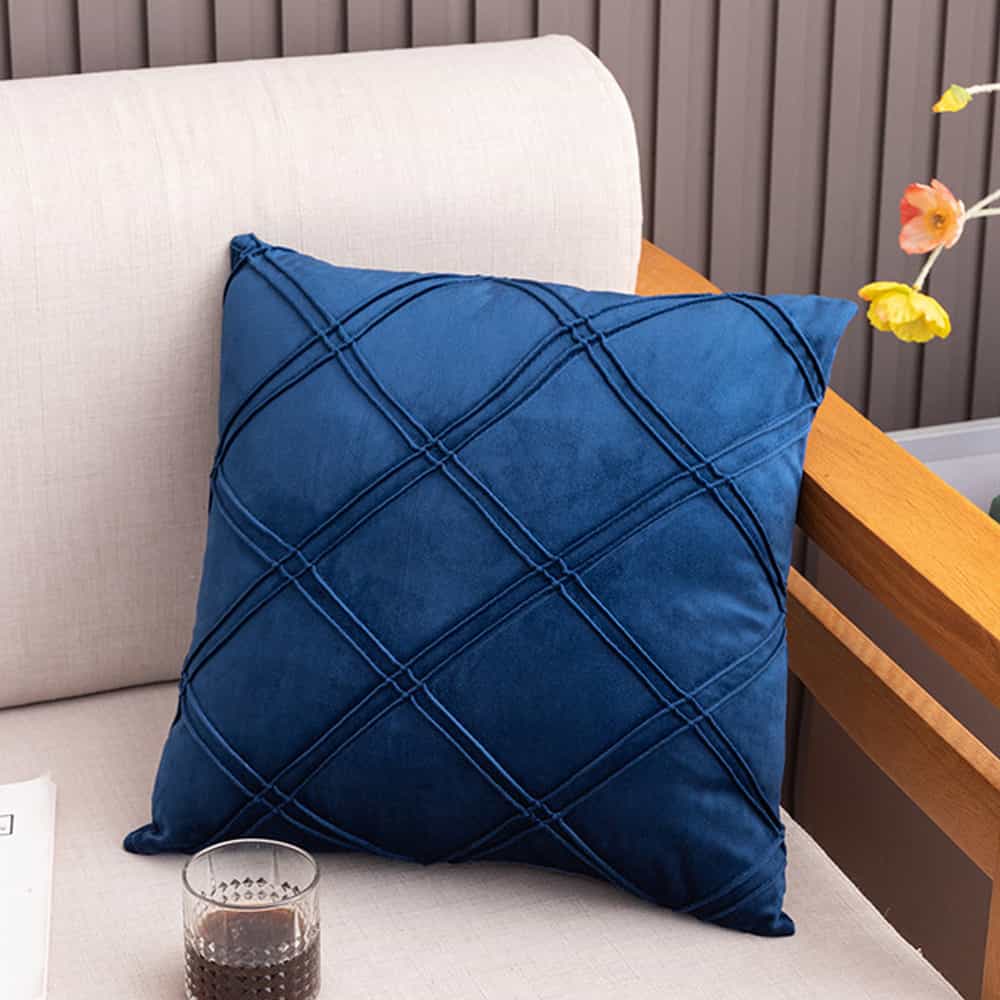 Pack of 2 Velvet Decorative Double Cross Pleated Cushion - Navy Blue