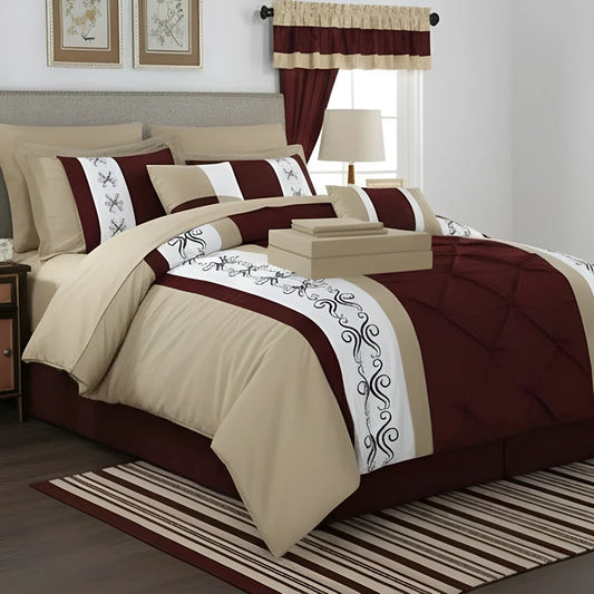 Embroidered Duvet Set - Beige & Maroon