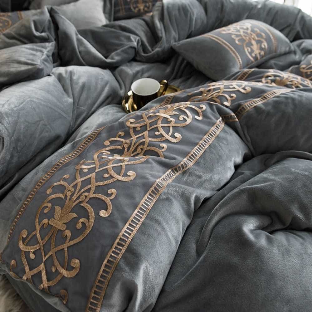 Velvet Embroidered Duvet Set - Grey