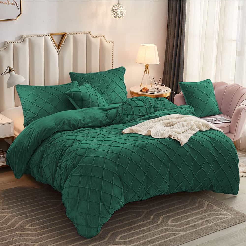Velvet Cross Pleated Duvet Set - Teal