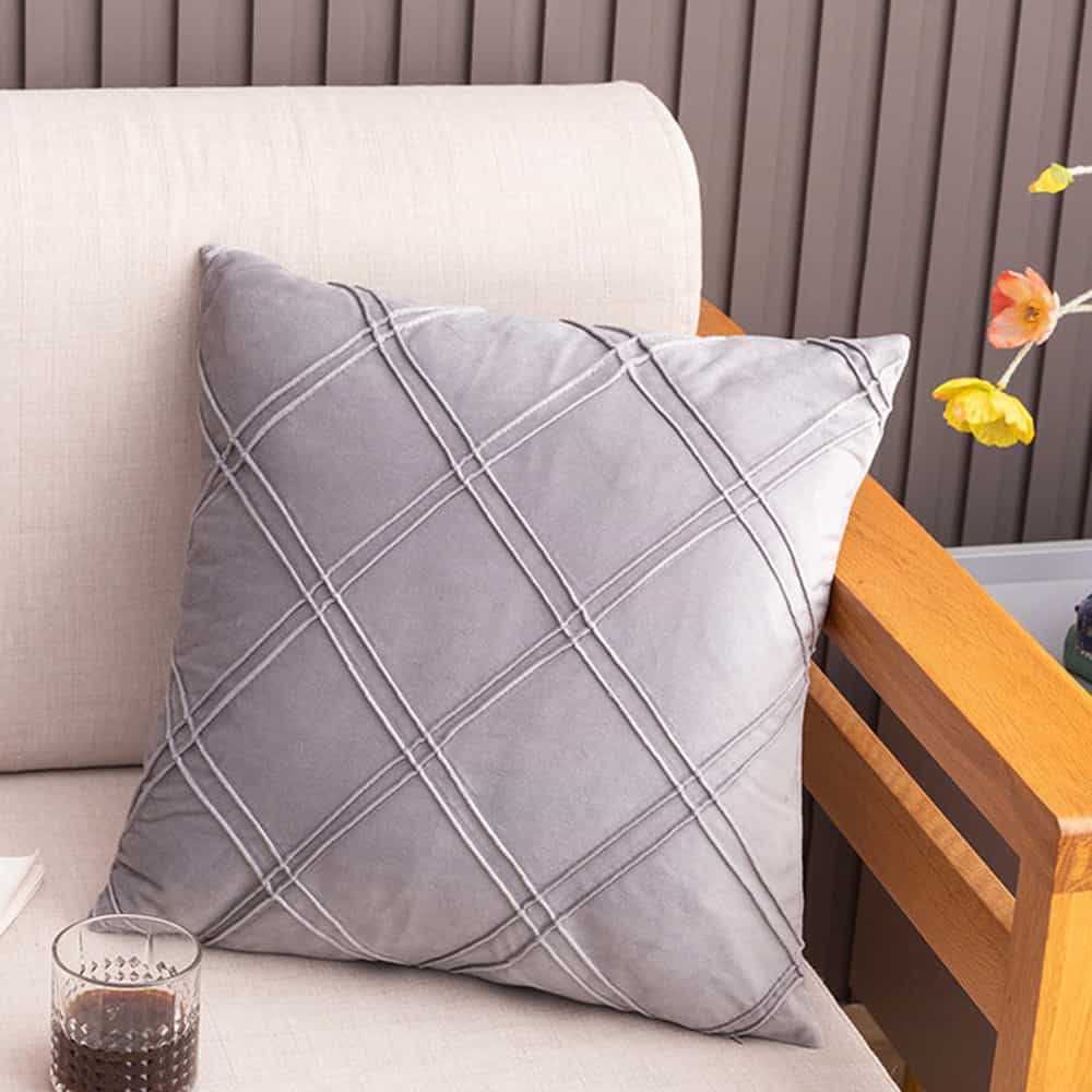Pack of 2 Velvet Decorative Double Cross Pleated Cushion - Light Grey