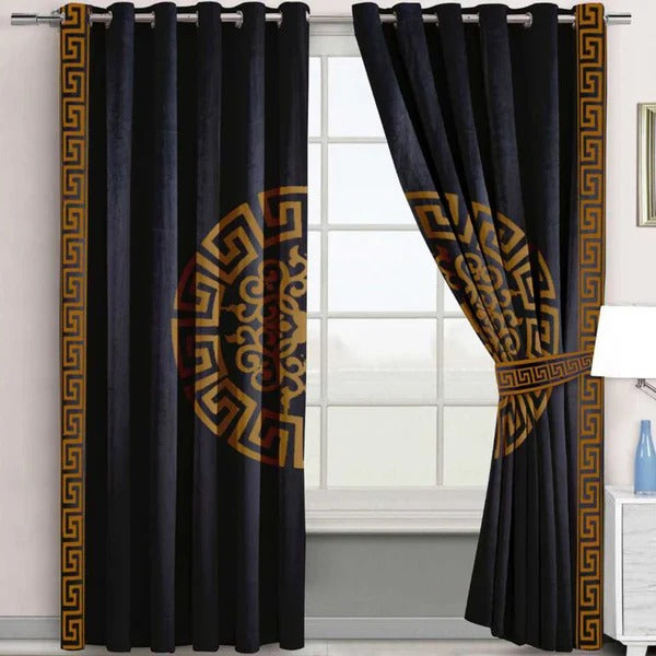 2 Pieces Premium splendid velvet curtain Panels & 2 Belts (Black & Golden)